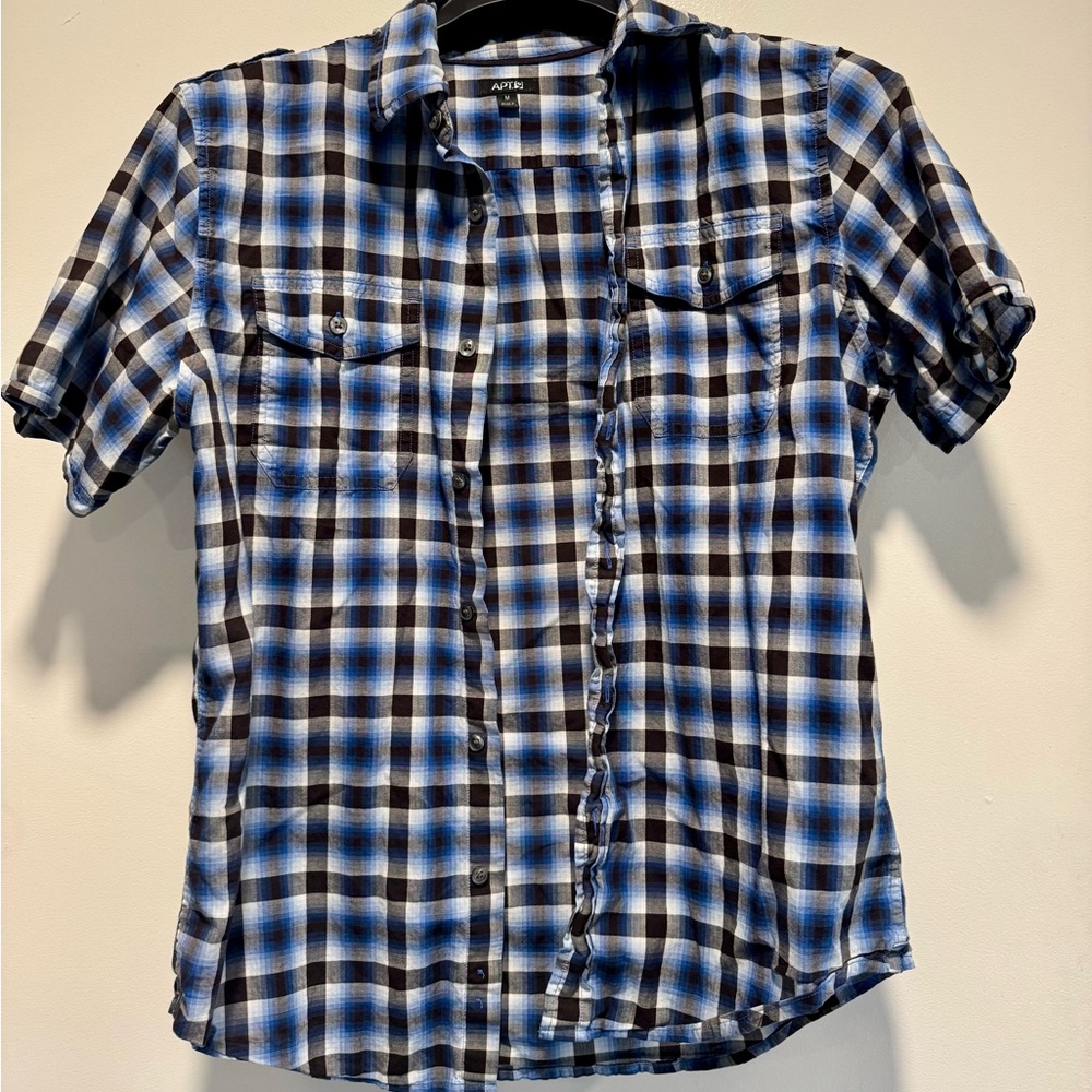 Apt. 9 Blue and Black Plaid Short-Sleeve Button-Down Shirt